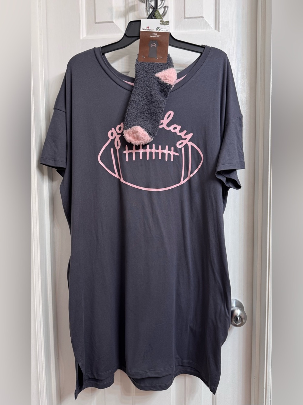Women’s Gray Sleep Shirt with Pink Sparkly Football Graphic and Fluffy Socks NEW